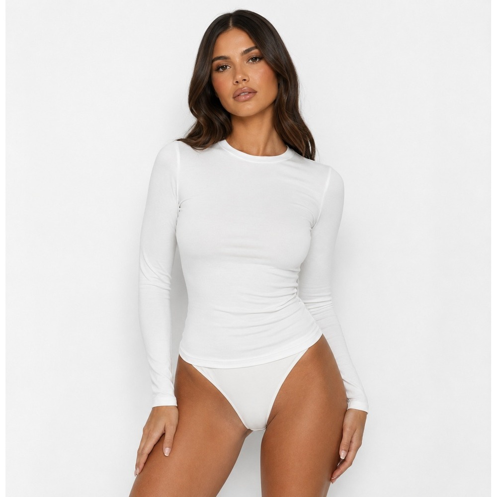 Naked Wardrobe Womens XS White Long Sleeve Crew Neck Bodycon Top